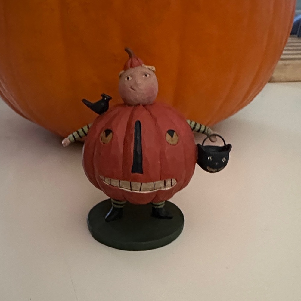 Whimsical Pumpkin Figurine with Cat and Bird vintage
